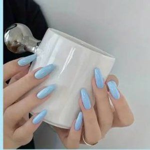 New Glossy Blue 24 Piece Full Set Easy Press On Fake / False Nails Reusable